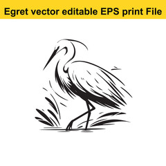 Vector Egret or Heron, standing and flyind