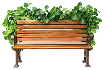 Elegant wooden park bench with surrounding green ivy, isolated on transparent cutout background
