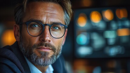 Portrait of a thoughtful mature businessman wearing glasses and a beard in a dark moody office interior  The man has a serious pensive expression conveying a sense of experience authority