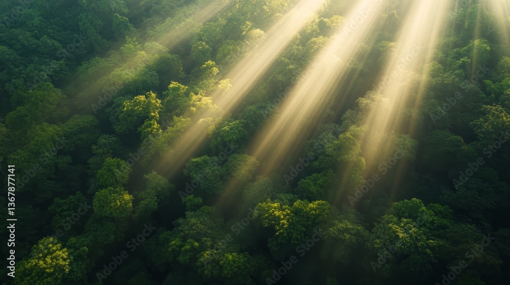 Poster Sunlight filters through the dense foliage of a vibrant jungle canopy, casting beautiful patterns of light and shadow across the various shades of green below