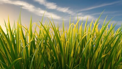 Obraz premium Abstract green grass field under a golden sky with soft light, creating a vibrant natural background ideal for eco-friendly branding, wallpapers, and nature-inspired designs.