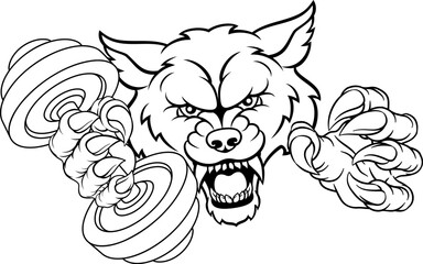 A wolf or werewolf dog weight lifting gym animal sports mascot holding a dumbbell weight in his claw