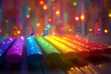 A rainbow xylophone with animated musical notes floating around in a colorful, whimsical playroom, where every note creates a burst of light and color