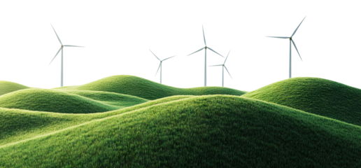 Renewable energy windmills on hilly landscape, isolated on transparent cutout background