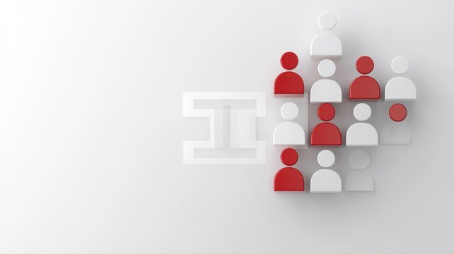 Abstract representation of teamwork with red and white male icons on a minimalist background.