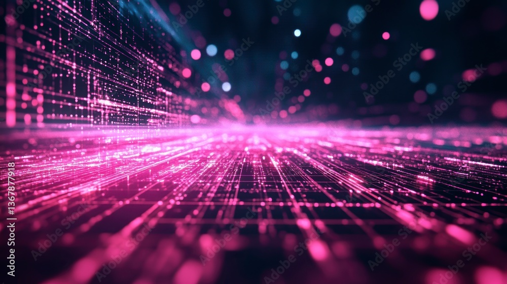 Aufkleber Abstract digital landscape with glowing lines and particles, representing data flow and network connections.