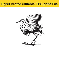 Vector Egret or Heron, standing and flyind