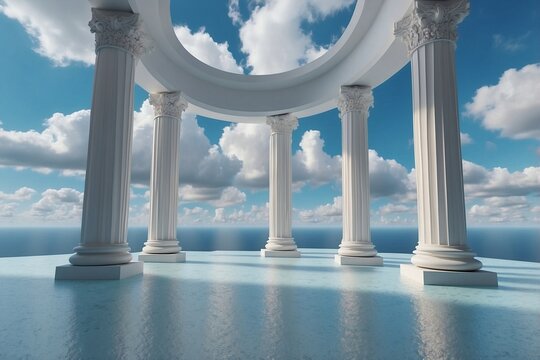 Empty Room with Majestic Columns and Clouds in the Background Creating an Atmosphere of a Magical Land