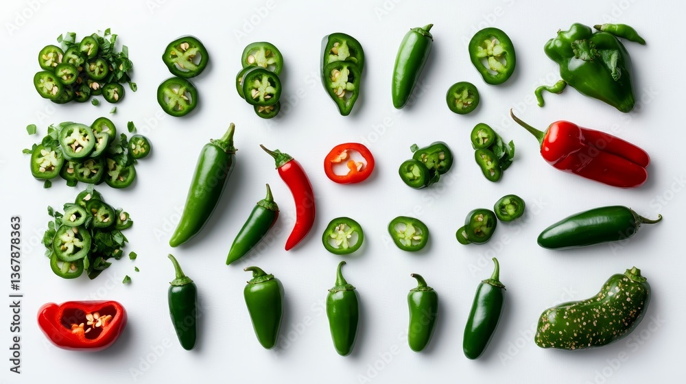 Poster fresh jalapeños and chili peppers are artfully arranged, some whole and some sliced, highlighting th