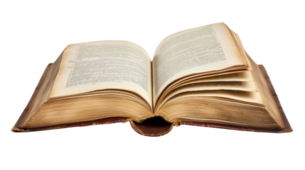 Open antique book showing text and aged pages on transparent background