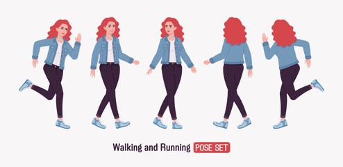 Woman, dyed red hair wearing denim jacket run pose set. Attractive bright female in trendy everyday sport shoes, comfortable jeans for relaxed city life style. Vector flat style cartoon illustration