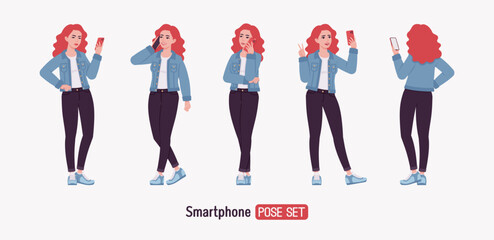 Woman, dyed red hair wearing denim jacket smartphone pose set. Attractive bright female trendy everyday sport shoes, comfortable jeans, relaxed city life style. Vector flat style cartoon illustration