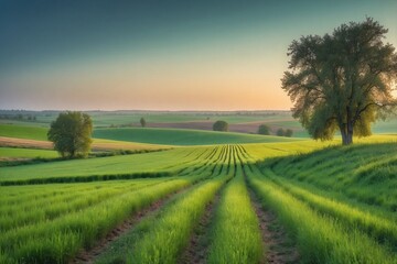 Obraz premium Green Grass Field with Trees in the Distance, Adorned with a Colorful Palette of a Spring Evening and Impeccable Rows of Crops Stretching for Miles