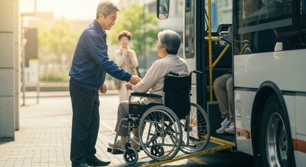 Elderly Man in Wheelchair Assisted onto Public Bus by Kind Helper