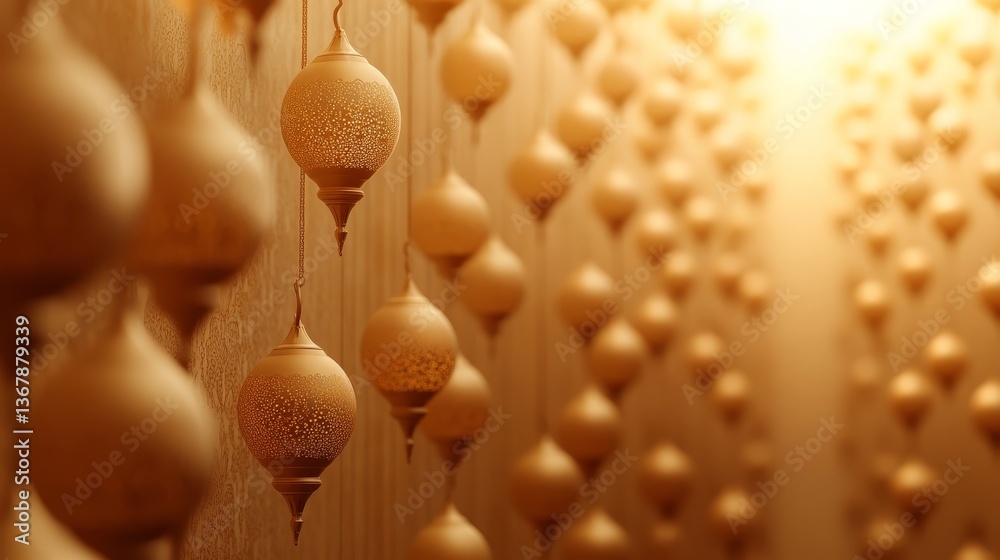Poster golden lanterns adorned with delicate patterns hang gracefully, casting soft shadows against a cream