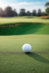 Fototapeta premium Golf Ball Sitting on the Edge of the Hole, with a Blurred Green Golf Course in the Background