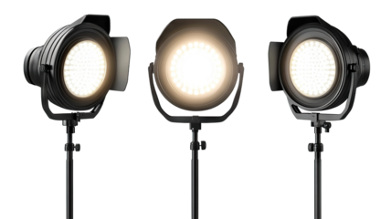 Set of glowing studio strobe lights, isolated on transparent cutout background