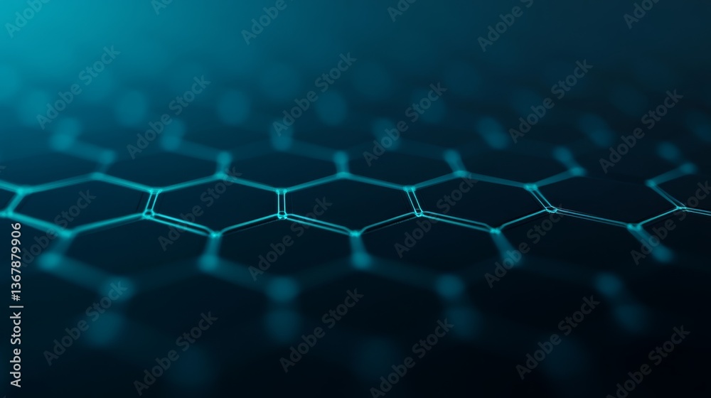 Fototapete Hexagonal nodes float, interconnected by glowing teal lines on a navy backdrop, representing the dynamic flow of data within sophisticated network systems