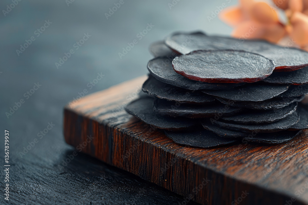 Poster macro close-up photography capturing detailed textures and deep colors of dried plum slices placed