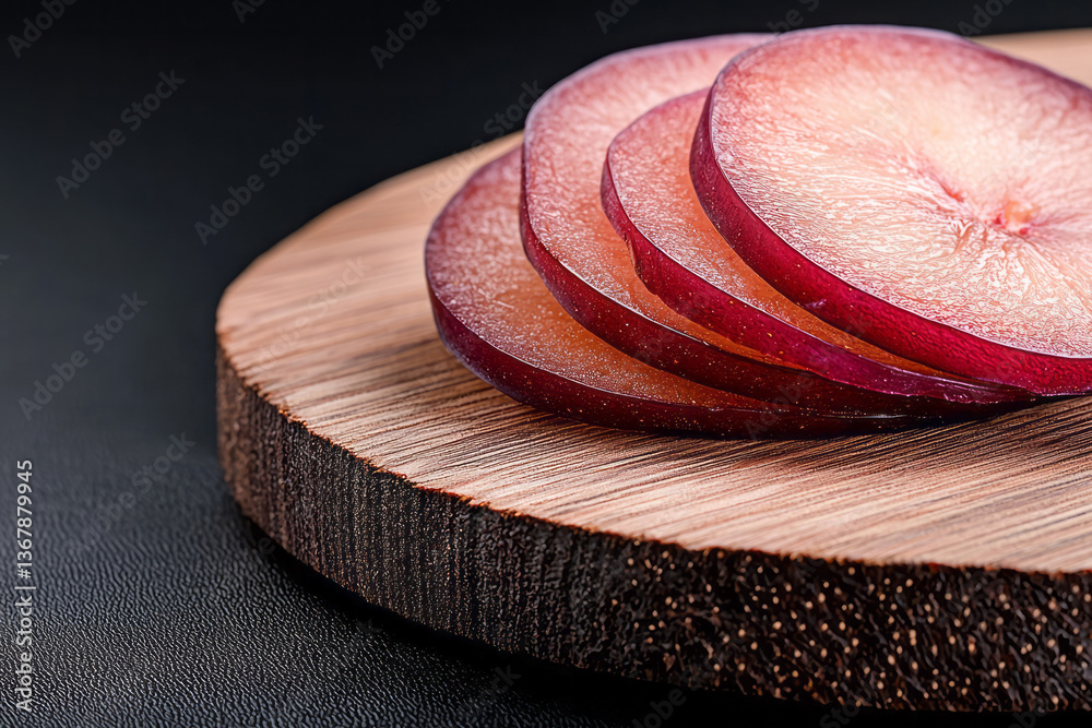 Poster Macro close-up photography capturing detailed textures and deep colors of dried plum slices placed