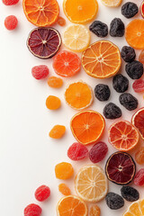Close-up of assorted dried fruits on white background, minimalist stock style,