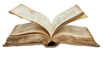 Open antique book showing text and binding on transparent background