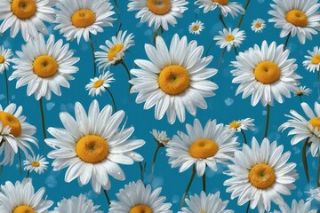 Fototapeta premium Soft Blue Background Adorned with White Daisies and Hearts, Creating a Turquoise Aesthetic and a Calm Atmosphere