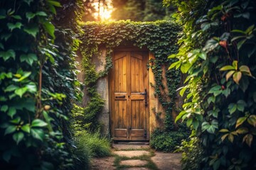 Mysterious Closed Door in a Hidden Garden - Minimalist Stock Photo