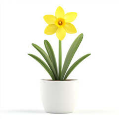 a cute cartoon daffodil flower in a white pot, isolated on a white background.