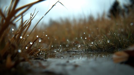 Ephemeral beauty droplets clinging to blades of grass after rainfall, tranquility