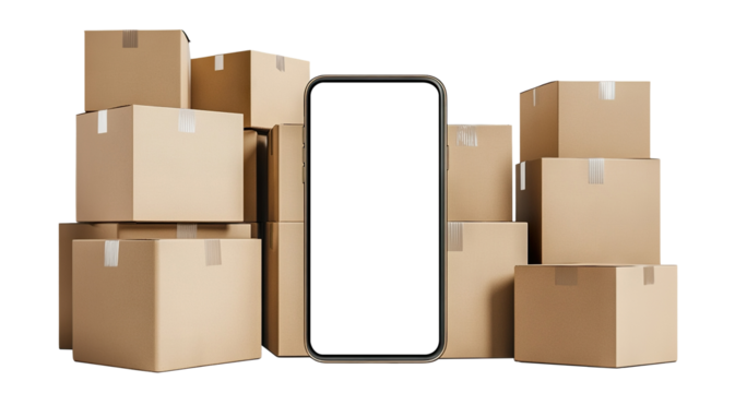 Phone surrounded by cardboard boxes, isolated on transparent cutout background