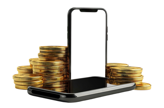 Smartphones with gold coins stacked behind, isolated on transparent cutout background