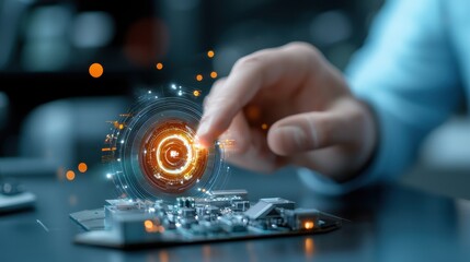 Futuristic digital circuit microchip with sparks and lights representing the concept of technology innovation and the advancement of computer science and engineering