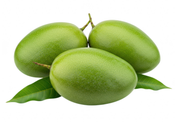 Fresh green mangoes with green mango leaves isolated on transparent background