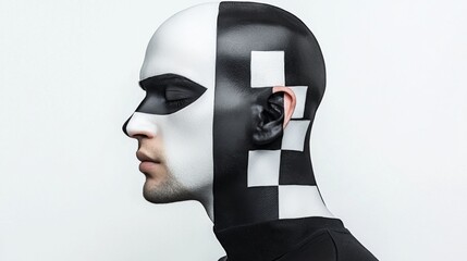 Artistic portrait of a man with half black and half white face paint