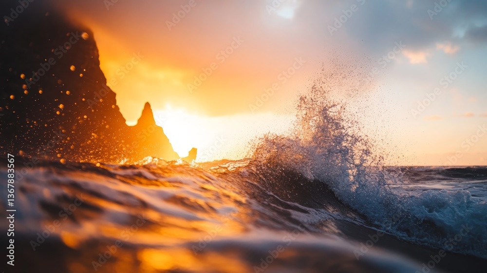 Poster a powerful wave crashes against jagged rocks as sunlight pierces through mist, creating a spectacula