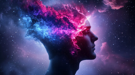 Obraz premium A captivating being illuminated by flowing cosmic energy, vivid red and blue veins glowing against