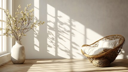 Stylish bedroom with a comfortable chair and a beautiful vase filled with fresh flowers for a touch of color