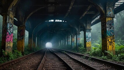 Fototapeta premium Abandoned railway tunnel with vibrant graffiti and misty atmosphere 