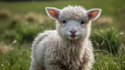 Obraz premium Fluffy white lamb standing joyfully in a green meadow 