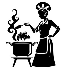 A silhouette of a woman chef cooking on a stove with steam rising from the pot