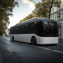 Fototapeta premium Futuristic Electric Bus on City Street Modern Public Transportation Design.