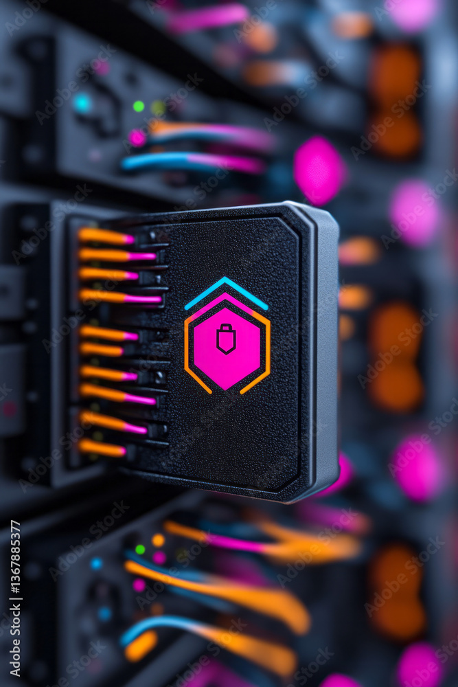 Poster a concept image featuring a secure server with layers of encryption and digital shields,