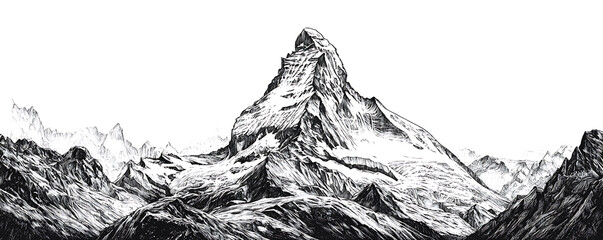 Black and white illustration of the Matterhorn mountain peak with sharp ridges and surrounding rugged alpine terrain depicted in a detailed sketch style