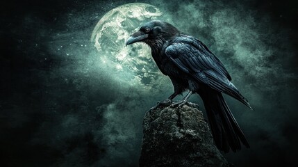 Fototapeta premium Raven on rock under moonlit sky