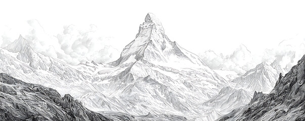 Black and white illustration of the Matterhorn mountain peak with sharp ridges and surrounding rugged alpine terrain depicted in a detailed sketch style