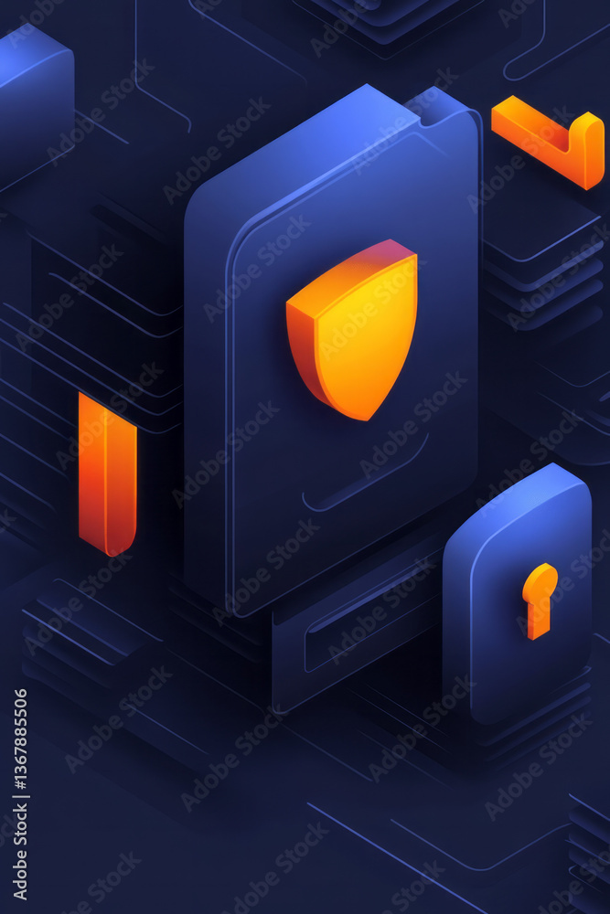 Poster a minimalistic isometric design showing protected folders with shield icons and warning signals,