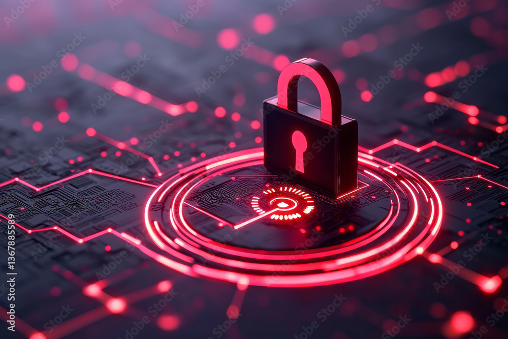 Poster a glowing cyber lock protecting a digital wallet icon, set within a matrix of secure data points,