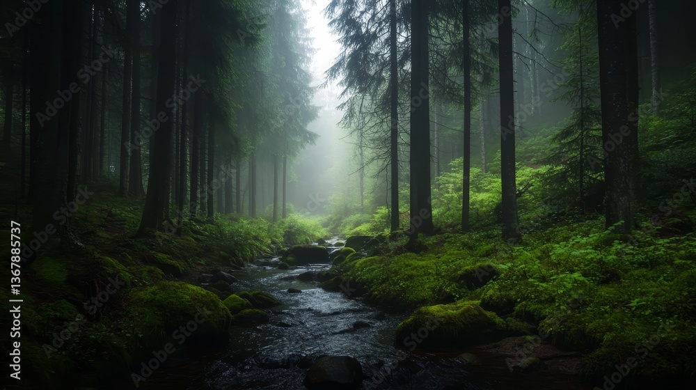 Poster a narrow creek flows through a dense forest, enveloped in mist that creates a dreamy atmosphere. lus