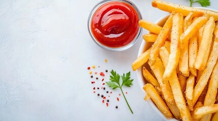 loaded french fries with ketchup and mustard on the side, vivid colors with texture, on a white background, crispy and fresh mood
